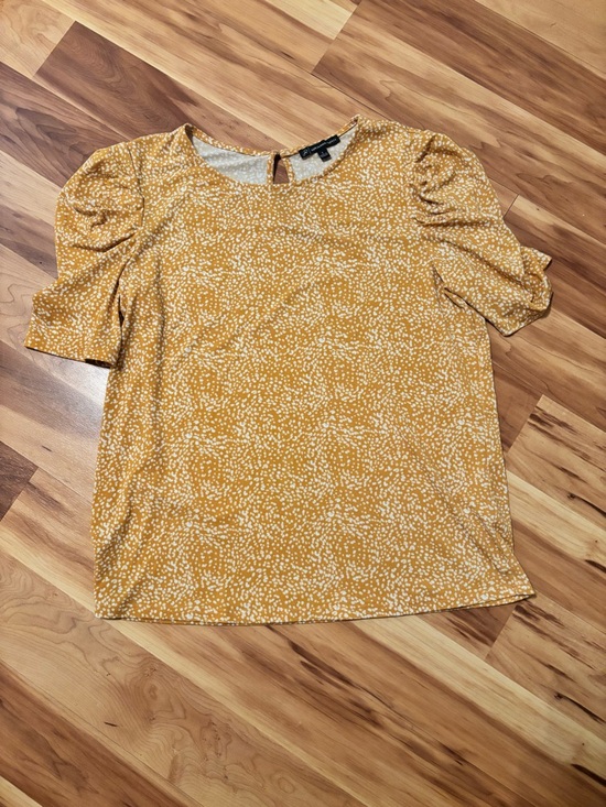 Adrianna Papell Tops - Adrianna Papell Mustard Yellow White Polka Dot Puff Sleeve Floral Blouse Size S